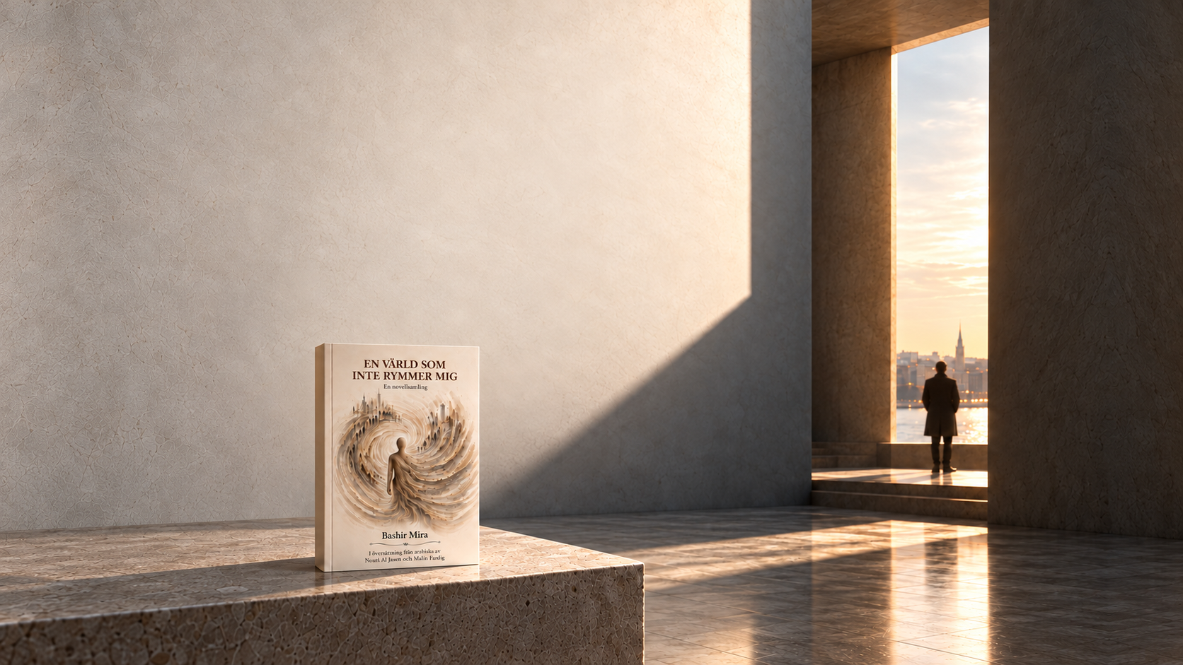 Bokrelease i varm arkitektur med boken i förgrunden